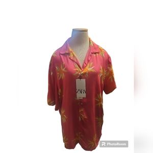 Zara Pink floral vneck button down oversized blouse